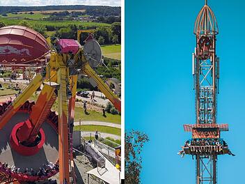 Frisbee und Volcano im Freizeit-Land Geiselwind – Pendel-Attraktion und Free-Fall-Turm Frisbee und Volcano im Freizeit-Land Geiselwind – Pendel-Attraktion und Free-Fall-Turm