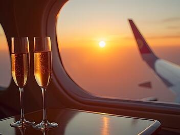 Superreiche in Deutschland: Vermögen wächst schneller als je zuvor An Bord eines Privatflugzeugs stehen auf dem Tisch zwei Champagnergläser vor einem hellen Sonnenuntergang und einer Tragfläche des Flugzeugs.Champagner in einem Flugzeug vor dem Hintergrund des Sonnenuntergangs. On board a private plane on the table are two champagne glasses against a bright sunset and a wing of the aircraft.Champagne on an airplane against the background of sunset.